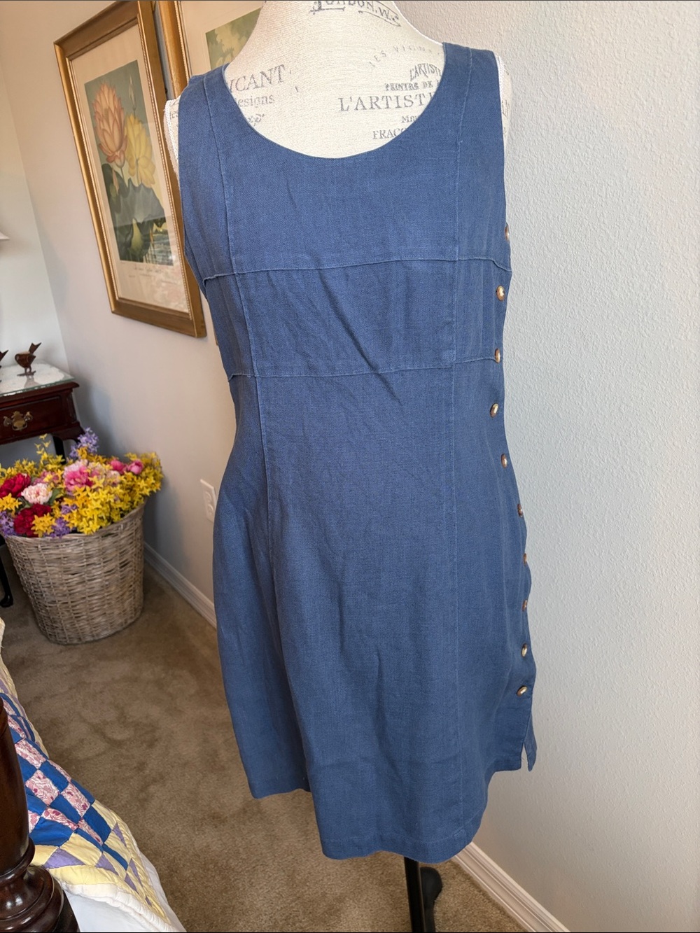 The Territory Ahead Denim-Blue Sleeveless Midi Dress with Side Button Trim